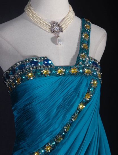 Vintage Blue One Shoulder Satin Beaded Mermaid Evening Dress Long Party Dress With Florals D2288