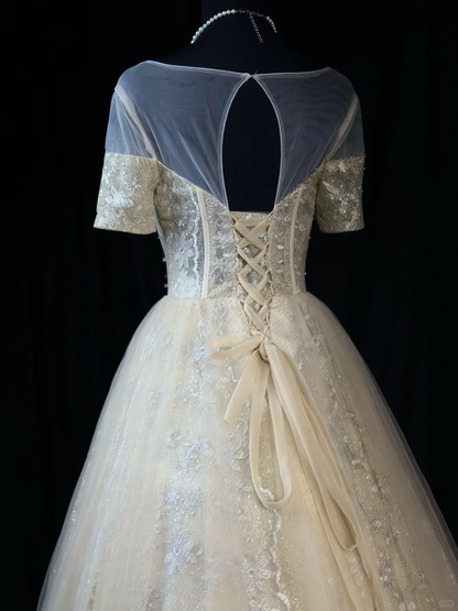 Gorgeous Gold Tulle Lace Embroidery Beaded A Line Long Birthday Prom Dress Evening Gown D2508