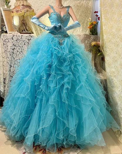 Elegant Blue Tulle Beaded Ruffles Long Ball Gown Formal Birthday Quinceanera Dress With Gloves D21115