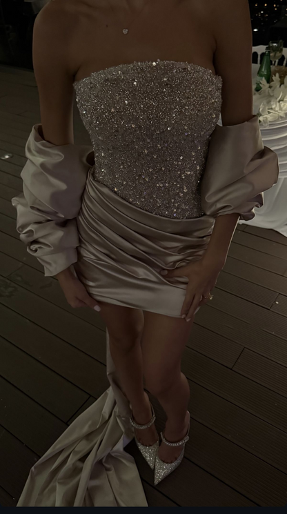 Gorgeous Champagne Satin Sequin Short Graduation Homecoming Dress,Formal 17th Birthday Outfits D3234