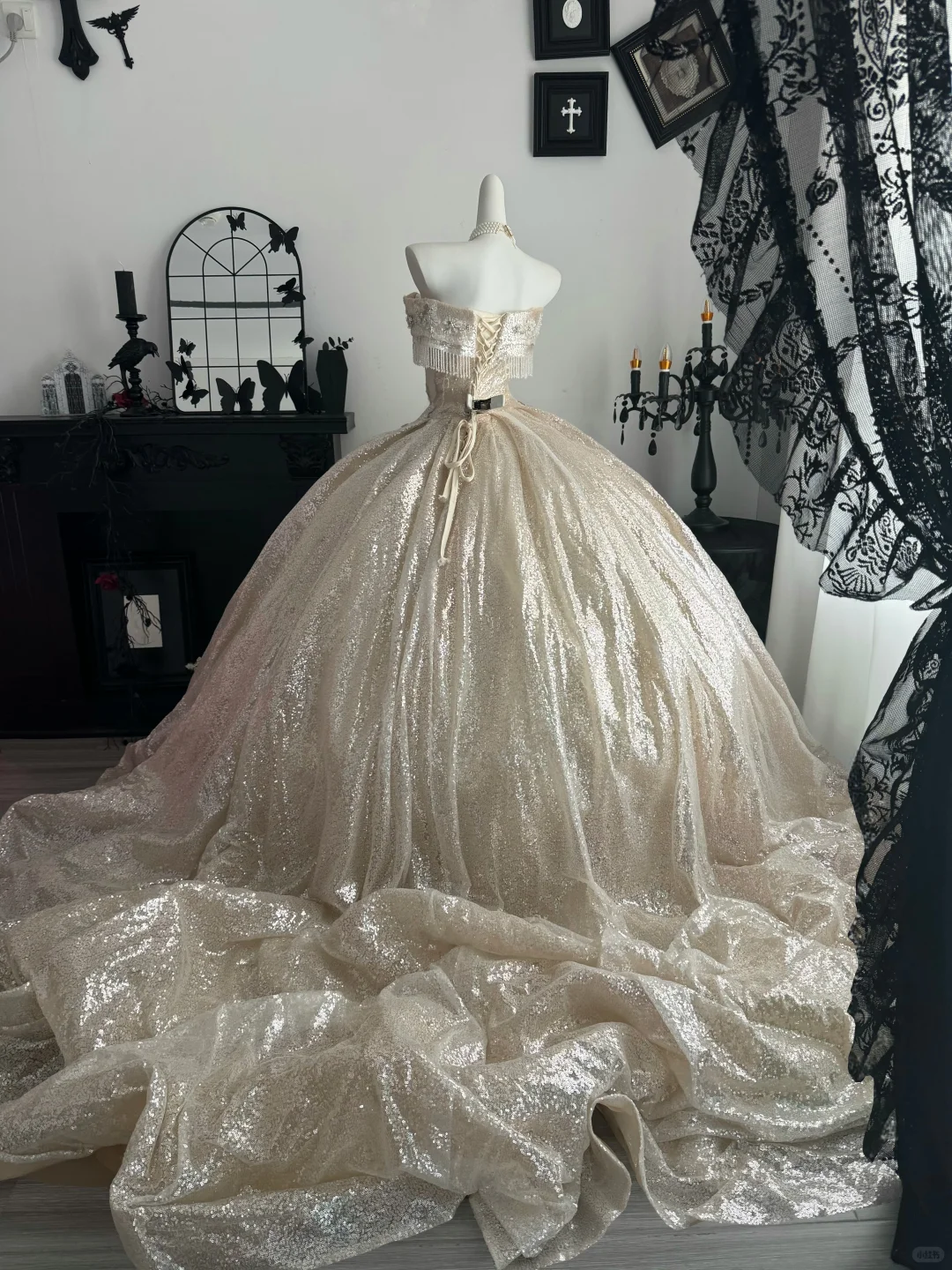 Sparkly Light Champagne Sequin Beaded Floral Sweet 15 Dress,Off The Shoulder Quinceanera Dress D3711