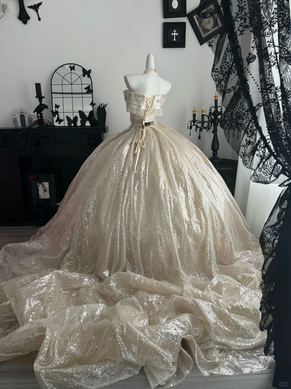 Sparkly Light Champagne Sequin Beaded Floral Sweet 15 Dress,Off The Shoulder Quinceanera Dress D3711