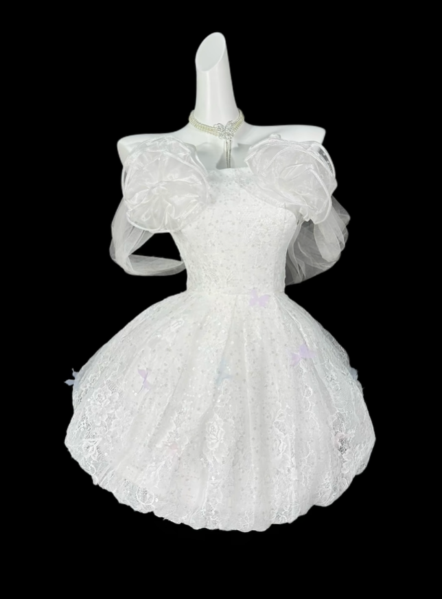Pretty White Lace A Line Short 6th Grade Homecoming Dress,Off The Shoulder Short Party Dress D4185