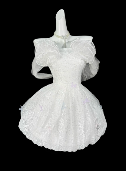 Pretty White Lace A Line Short 6th Grade Homecoming Dress,Off The Shoulder Short Party Dress D4185