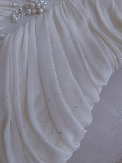 Elegant Chiffon Pleated Sleeveless Birthday Party Dress White Vacation Dress With Pearls S484