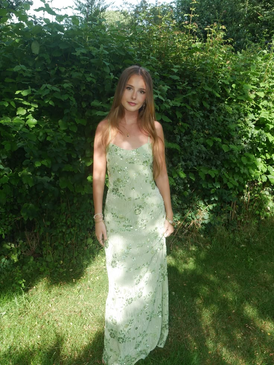 Pretty Green Spaghetti Straps Chiffon Sequin Mermaid Long Party Dress Prom Gown D3472