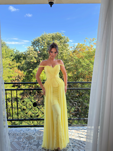 Elegant Yellow Chiffon Lace Evening Dress Off The Shoulder Long Party Gown D5260