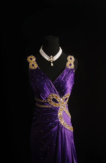 Stylish V Neck Satin Beaded Purple Mermaid Long Prom Dress Evening Dress D4564