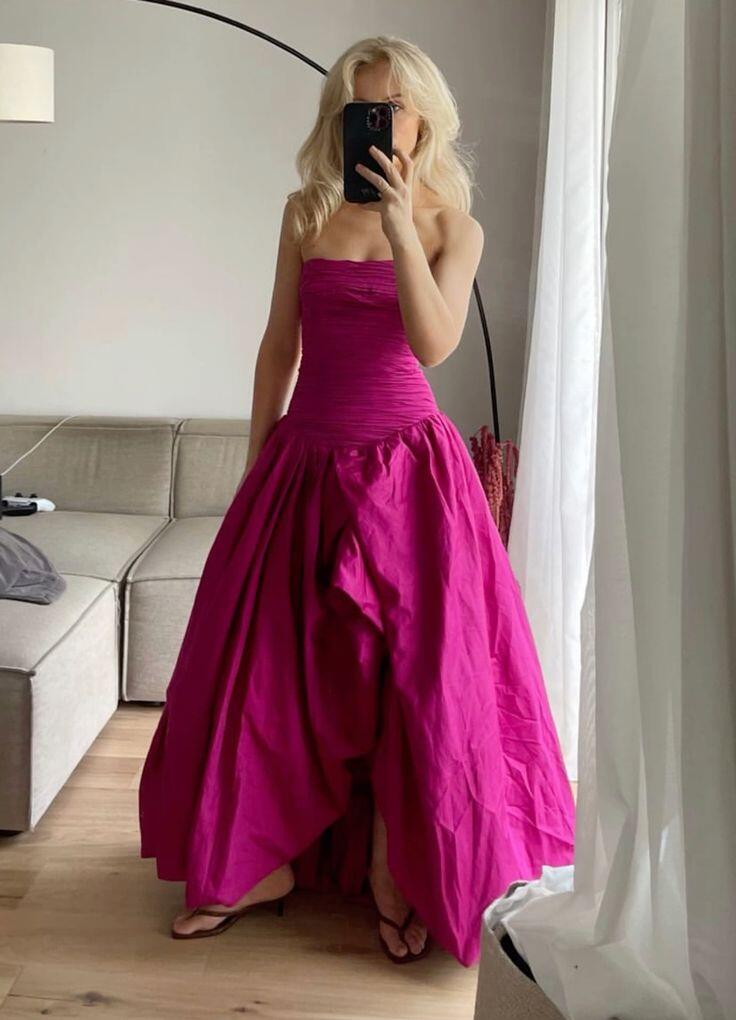 Pretty Strapless Hot Pink Satin Pleated Long Prom Dress Party Gown D3448