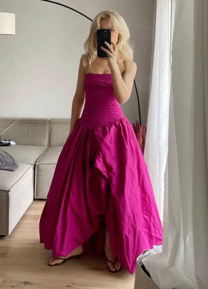 Pretty Strapless Hot Pink Satin Pleated Long Prom Dress Party Gown D3448
