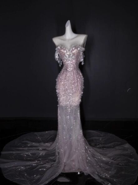 Gorgeous Strapless Pink Sequin Beaded Mermaid  Long Evening Dress Party Dress With Cape D1196