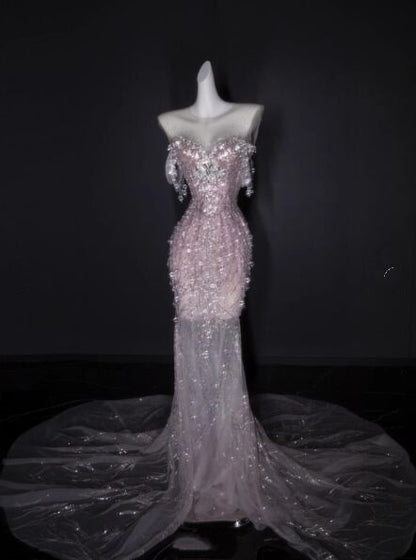 Gorgeous Strapless Pink Sequin Beaded Mermaid  Long Evening Dress Party Dress With Cape D1196