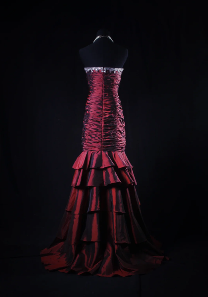 Vintage Strapless Burgundy Satin Pleated Mermaid Long Party Dress Prom Gown With Beads D2224