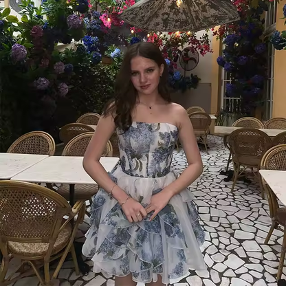 Classy Strapless Chiffon Print Floral A Line Short Graduation Homecoming Dress 16th Birthday Outfits D086