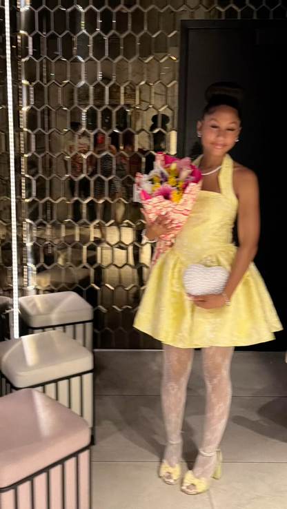 Pretty Halter Satin Print Floral A Line Short 9th Grade Homecoming Dress,Yellow Short Party Dress D4218