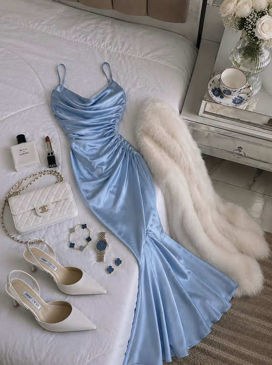 Classy Spaghetti Straps Satin Mermaid Long Party Dress Evening Dress D3111