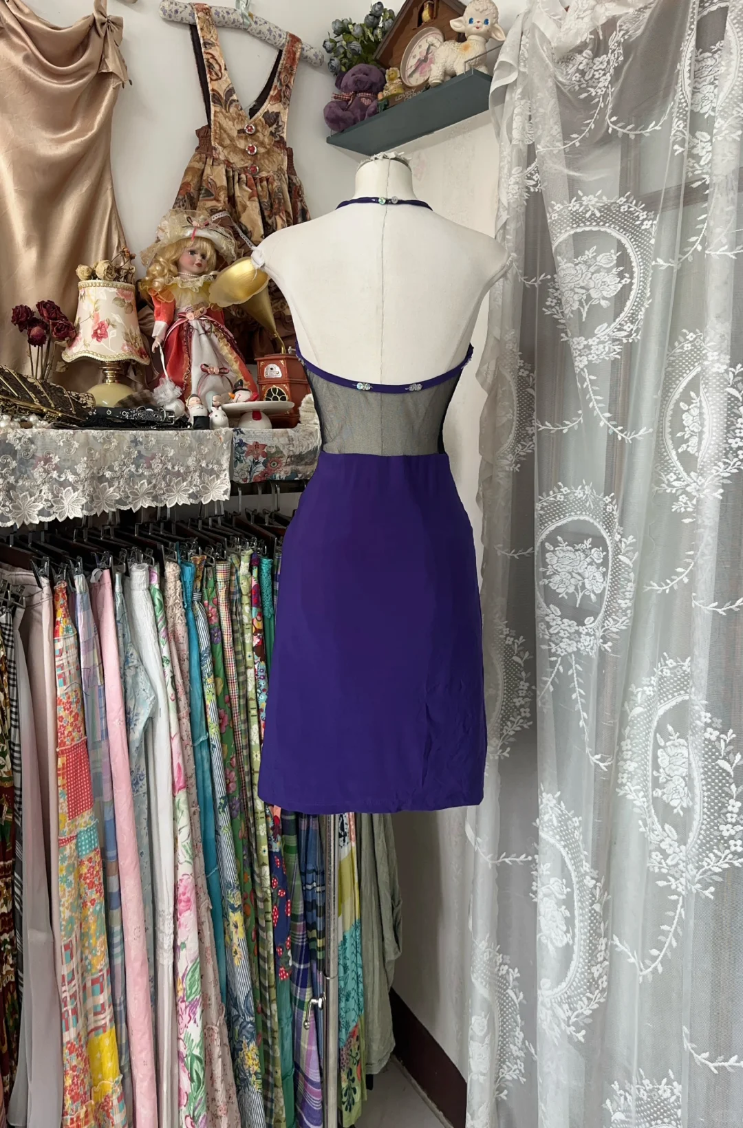 Vintage Purple Halter Beaded Sheath Short Cocktail Dress Homecoming Dress Backless Birthday Outfits S506