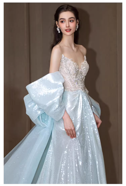 Glamorous Blue Strapless Tulle Sequin Beaded Mermaid Long Evening Dress Prom Dress D2216