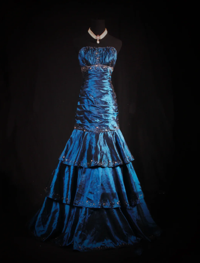 Gorgeous Strapless Satin Pleated Layered Beaded Evening Dress Navy BLue Mermaid Long Party Dress D2223