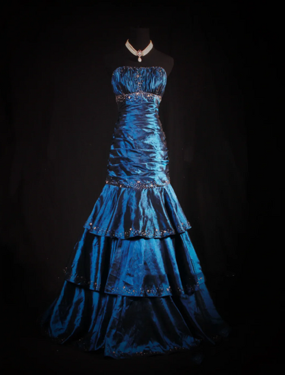 Gorgeous Strapless Satin Pleated Layered Beaded Evening Dress Navy BLue Mermaid Long Party Dress D2223