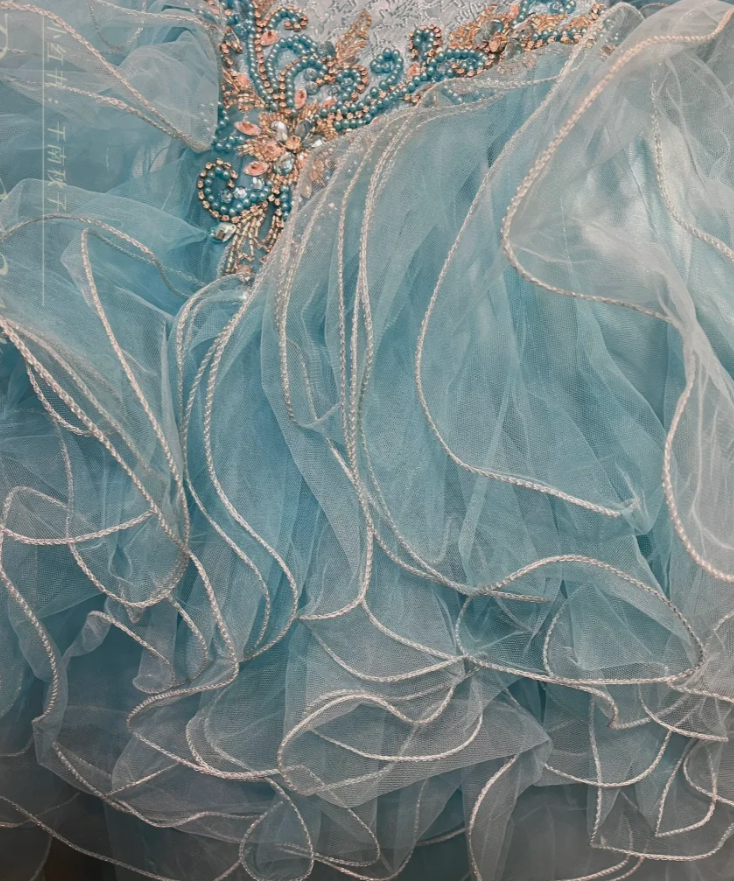 Elegant Blue Tulle Beaded Ruffles Long Ball Gown Formal Birthday Quinceanera Dress With Gloves D21115