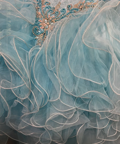 Elegant Blue Tulle Beaded Ruffles Long Ball Gown Formal Birthday Quinceanera Dress With Gloves D21115