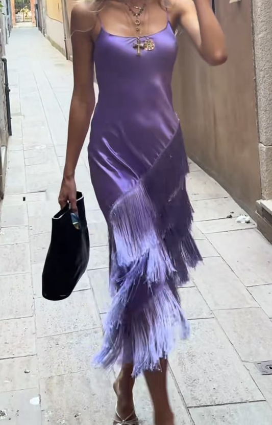 Fashion Purple Spaghetti Straps Satin Tassel Long Prom Dress,Formal Birthday Party Dress D3474