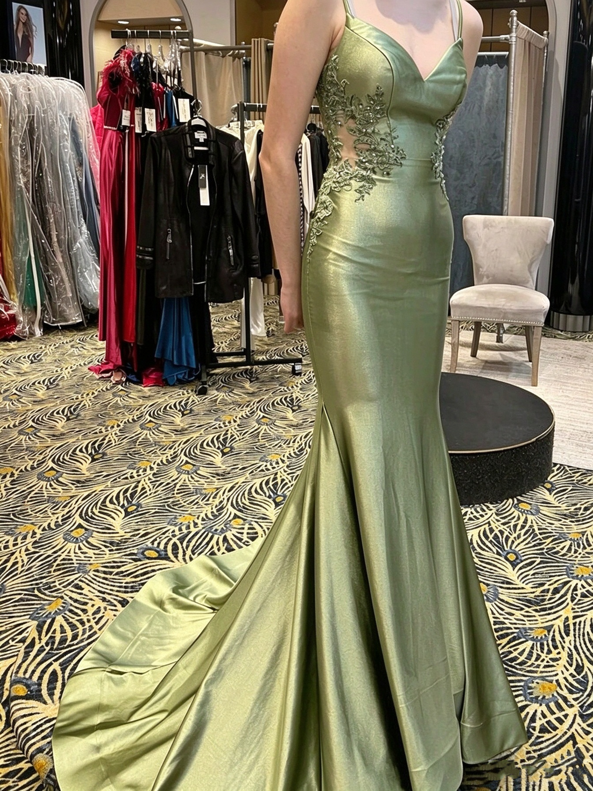 Sexy Spaghetti Straps Satin Applique Long Prom Dress Sage Green Mermaid Party Dress D5005