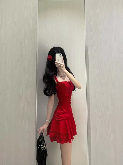 Cute A line Straps Short Red Cocktail Dresses Birthday Outfits SD546