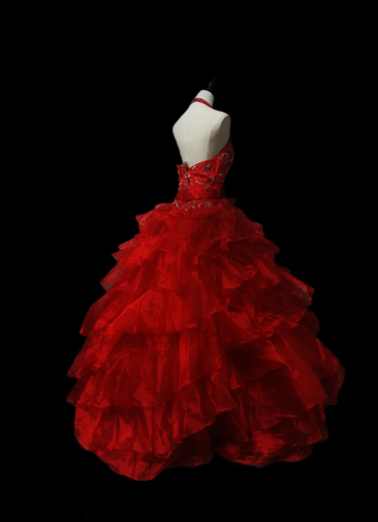 Vintage Halter Red V Neck Tulle Pleated Beaded Ball Gown Formal Quinceanera Dress D1102