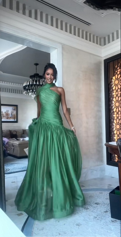 Stylish Green Chiffon Pleated Mermaid Long Party Dress One Shoulder Long Prom Dresses D5021