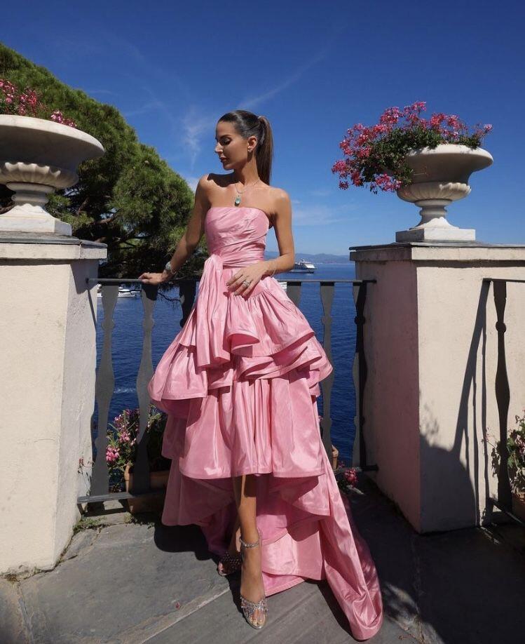 Pretty Pink Strapless Satin Pleated Ruffles Long Birthday Party Dress Evening Gown D4592