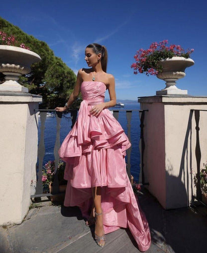 Pretty Pink Strapless Satin Pleated Ruffles Long Birthday Party Dress Evening Gown D4592