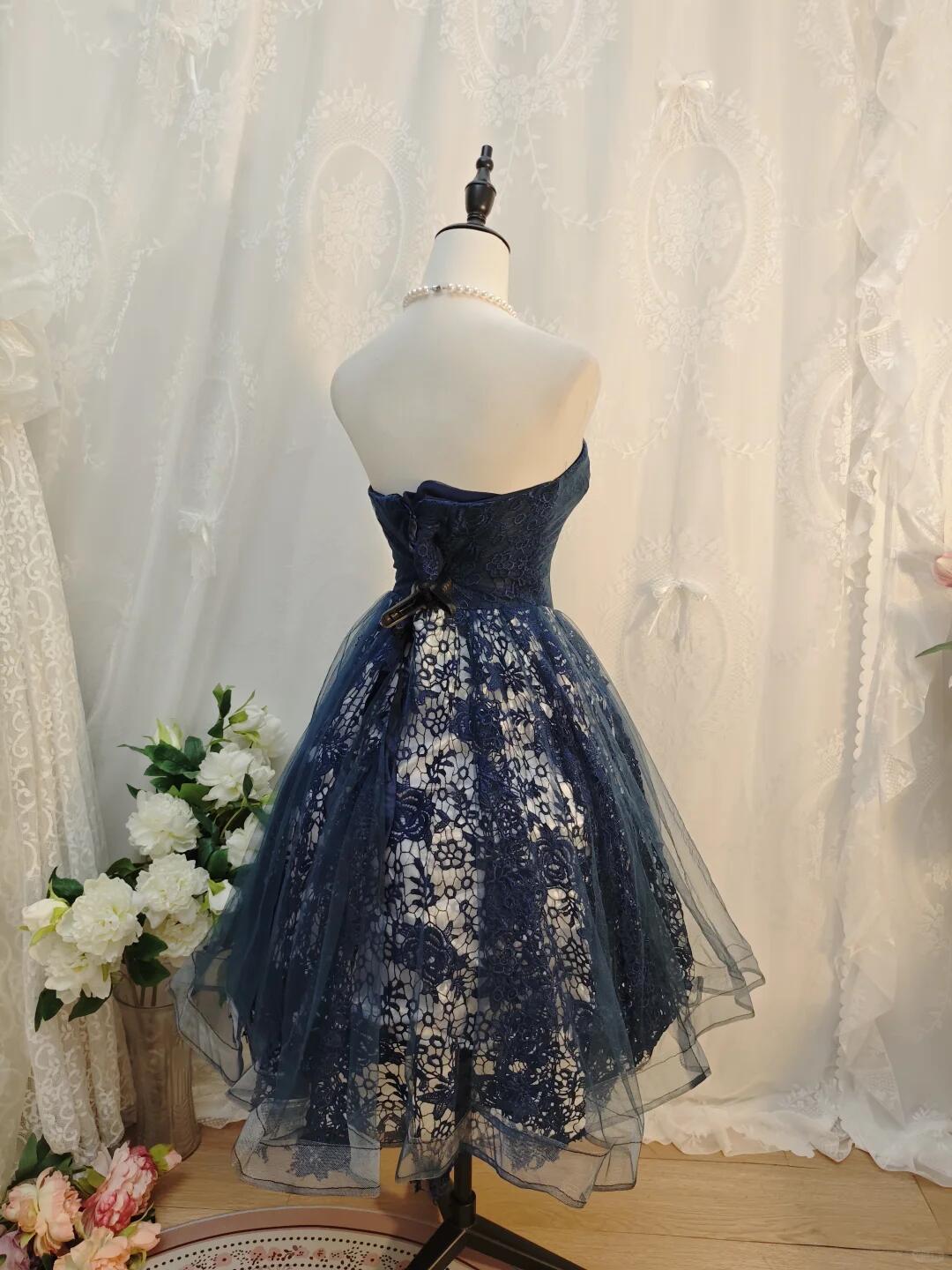 Retro Sweetheart Neck Lace Embroidery Appliques Short Birthday Outfits,Navy Blue Homecoming Dress D3161