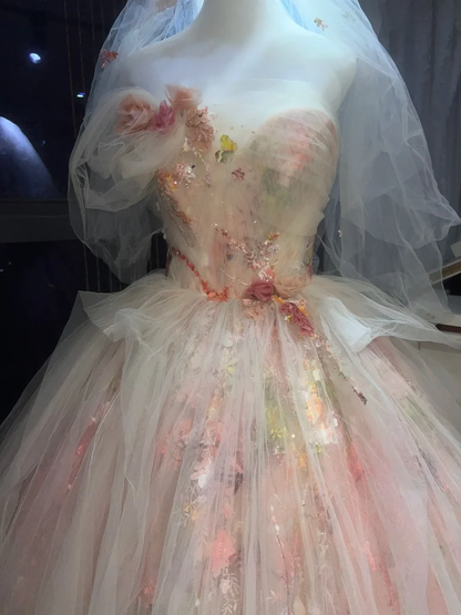 Pretty Strapless Ball Gown Tulle Floral Long Wedding Dress With Veil D1883