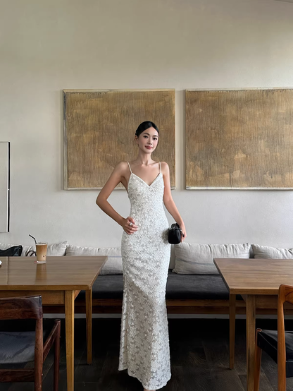 Pretty Spaghetti Straps V Neck Off White Lace Sequin Mermaid Long Evening Dress Formal Wedding Guest Dress D2125