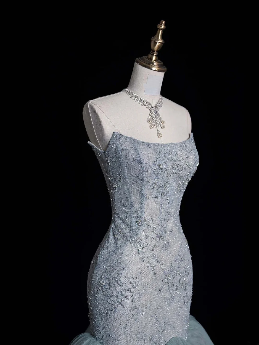 Modest Strapless Dusty Blue Tulle Beaded Mermaid Long Prom Dresses Party Dress D4521