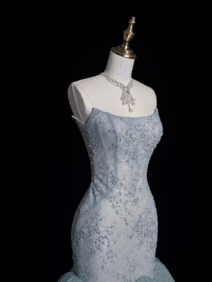 Modest Strapless Dusty Blue Tulle Beaded Mermaid Long Prom Dresses Party Dress D4521