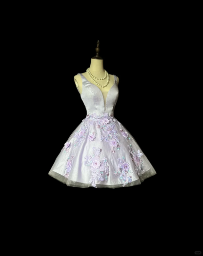 Glamorous Purple Satin Tulle Embroidery Appliques Short 6th Grade Homecoming Dress,Formal Mini 16th Birthday Outfits D3253