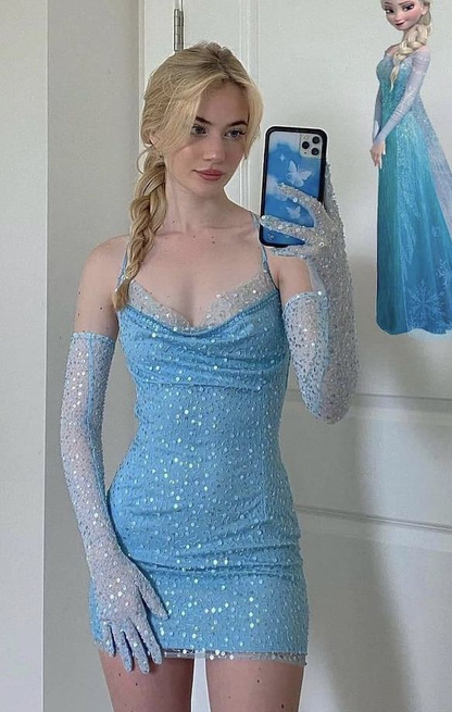 Sparkly Sky Blue Sequin Sheath Short Homecoming Dress Formal 20th Birthday Outfits With Gloves D755