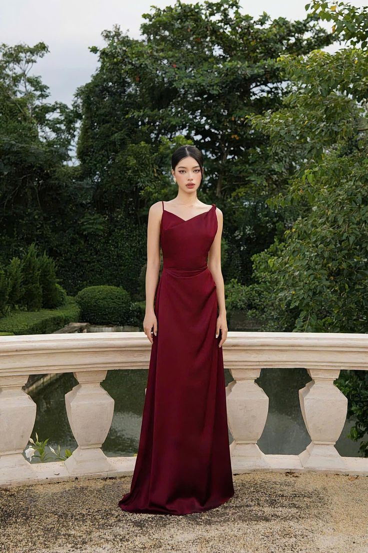 Elegant Burgundy Satin Long Bridesmaid Dress, Formal Party Dress D961