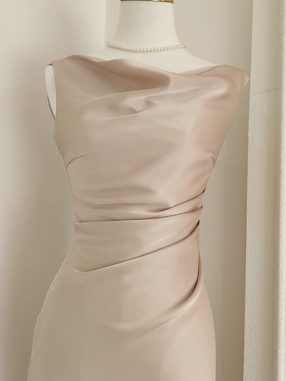 Sexy Sheath Boat Sleeveless Champagne Satin Party Dress Holiday Dresses SD349