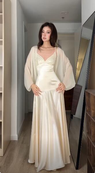 Glamorous Spaghetti Straps Light Champagne Satin A Line Party Dress Evening Dress D5322