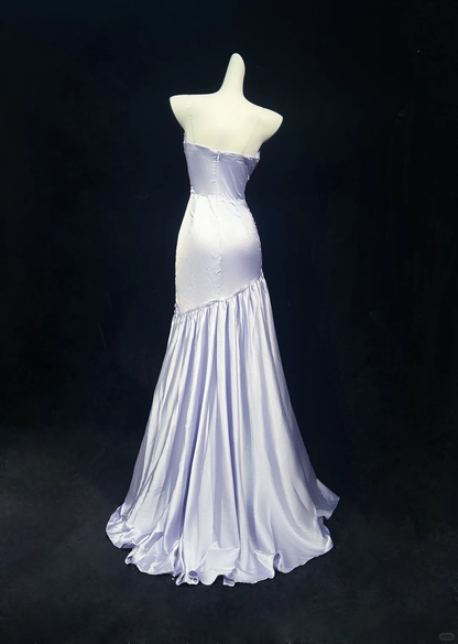 Pretty Lilac Satin Pleated Beaded Mermaid Evening Dress,Spaghetti Straps Long Prom Gown D3119
