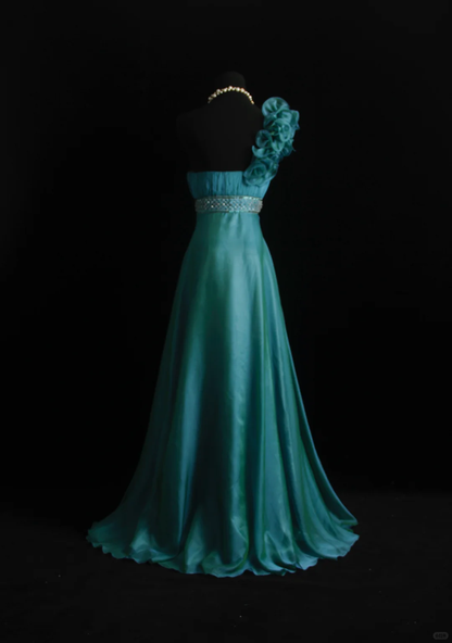 Unique Pine Green Satin Beaded Long Wedding Guest Dress,One Shoulder Birthday Party Dress D2859