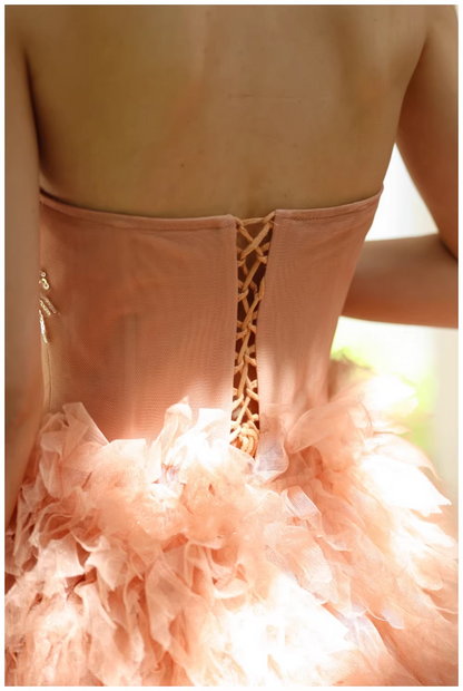 Gorgeous Strapless Pink Tulle Beaded A Line Birthday Prom Dress Evening Dresses D2423