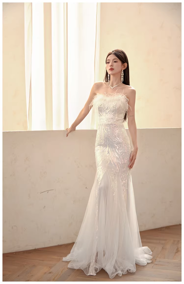 Classy Feathers Strapless White Tulle Sequin Mermaid Long Evening Dress Prom Dresses D2398