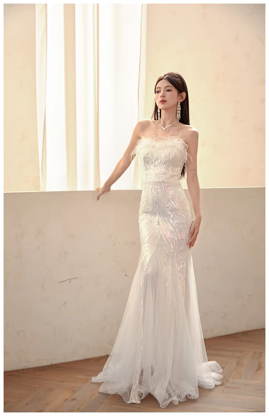 Classy Feathers Strapless White Tulle Sequin Mermaid Long Evening Dress Prom Dresses D2398