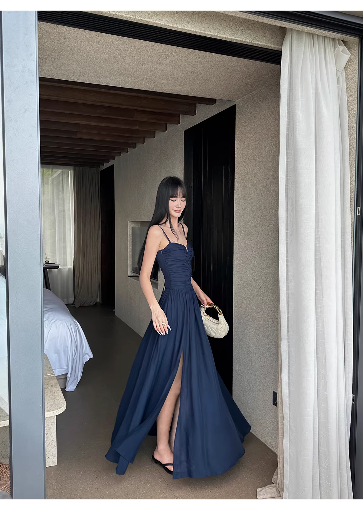 Elegant Spaghetti Straps Satin A Line Slit Evening Dress Navy Blue Long Birthday Party Dress With Pockets D2084