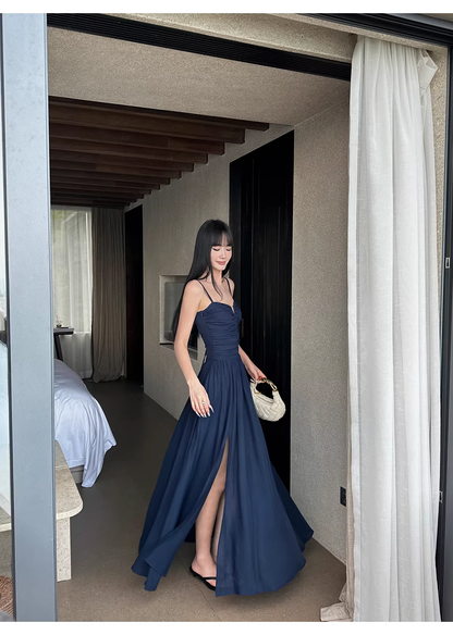 Elegant Spaghetti Straps Satin A Line Slit Evening Dress Navy Blue Long Birthday Party Dress With Pockets D2084